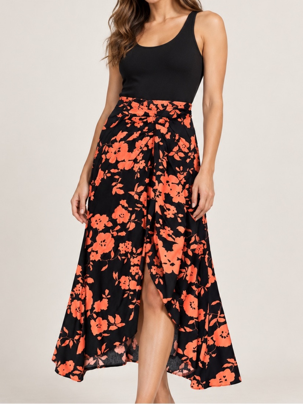 ASOS Floral Wrap Maxi Skirt - Black with Coral Floral